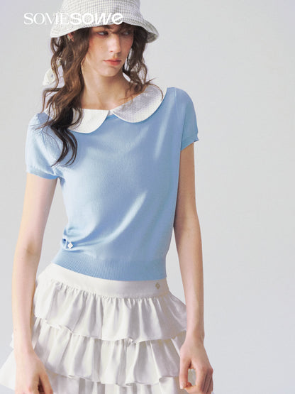 SOMESOWE S2609097 Doll collar patchwork knitted short sleeved shirt