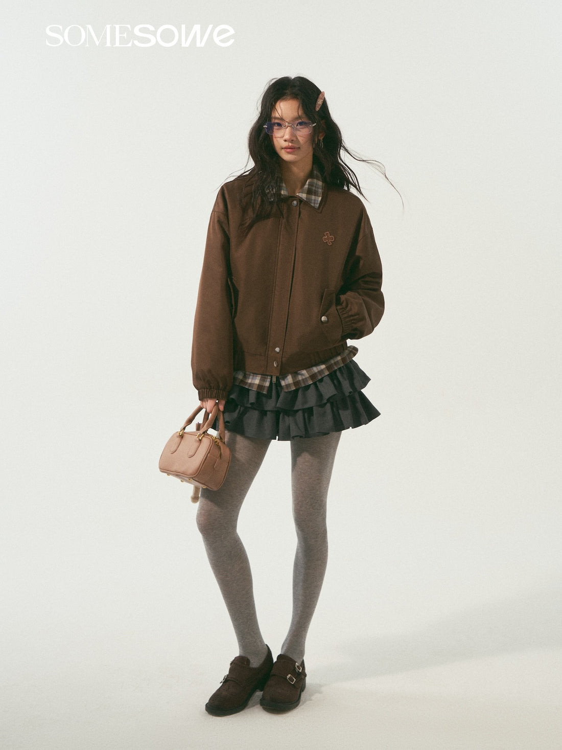 SOMESOWE S2509003 Double layered collar plaid spliced jacket