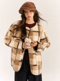 Asgony ASG30987 retro plaid round neck woolen jacket