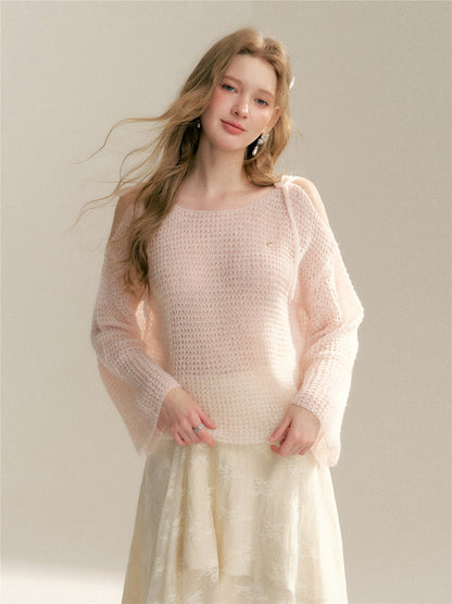 16DEWS 16D26048&amp;16D26049 Hollow out woolen lace up off shoulder knitted sweater + skirt set