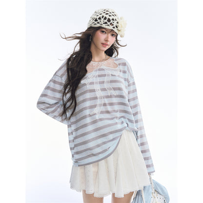Asgony ASG26500 Striped Lace Patchwork Bow Long-Sleeve Top