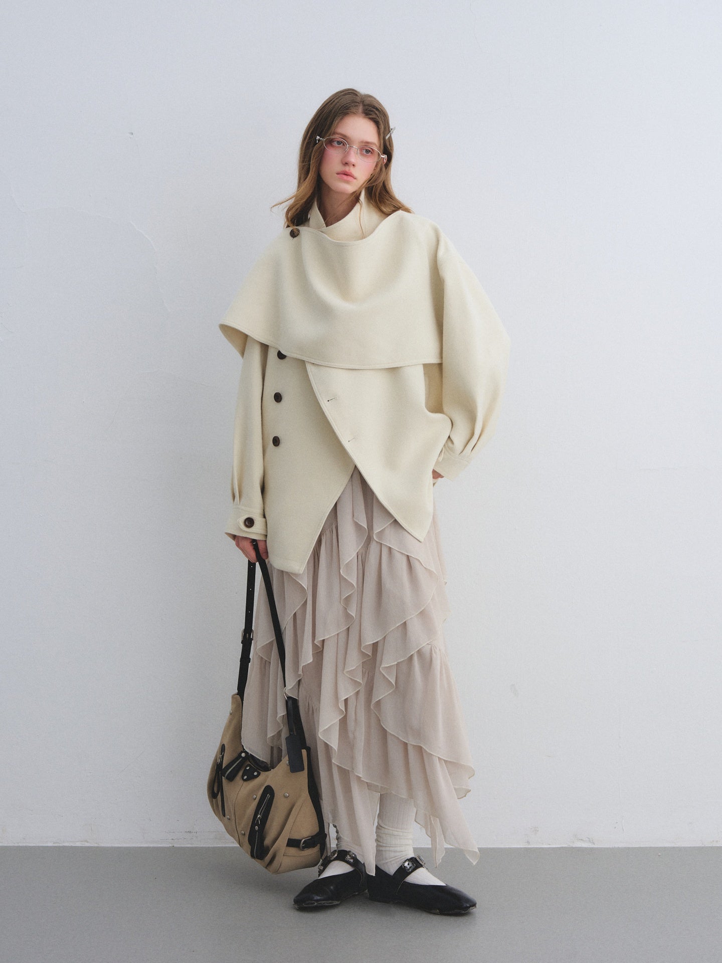 AsGony ASG25647 Woolen patchwork collar shawl woolen windbreaker