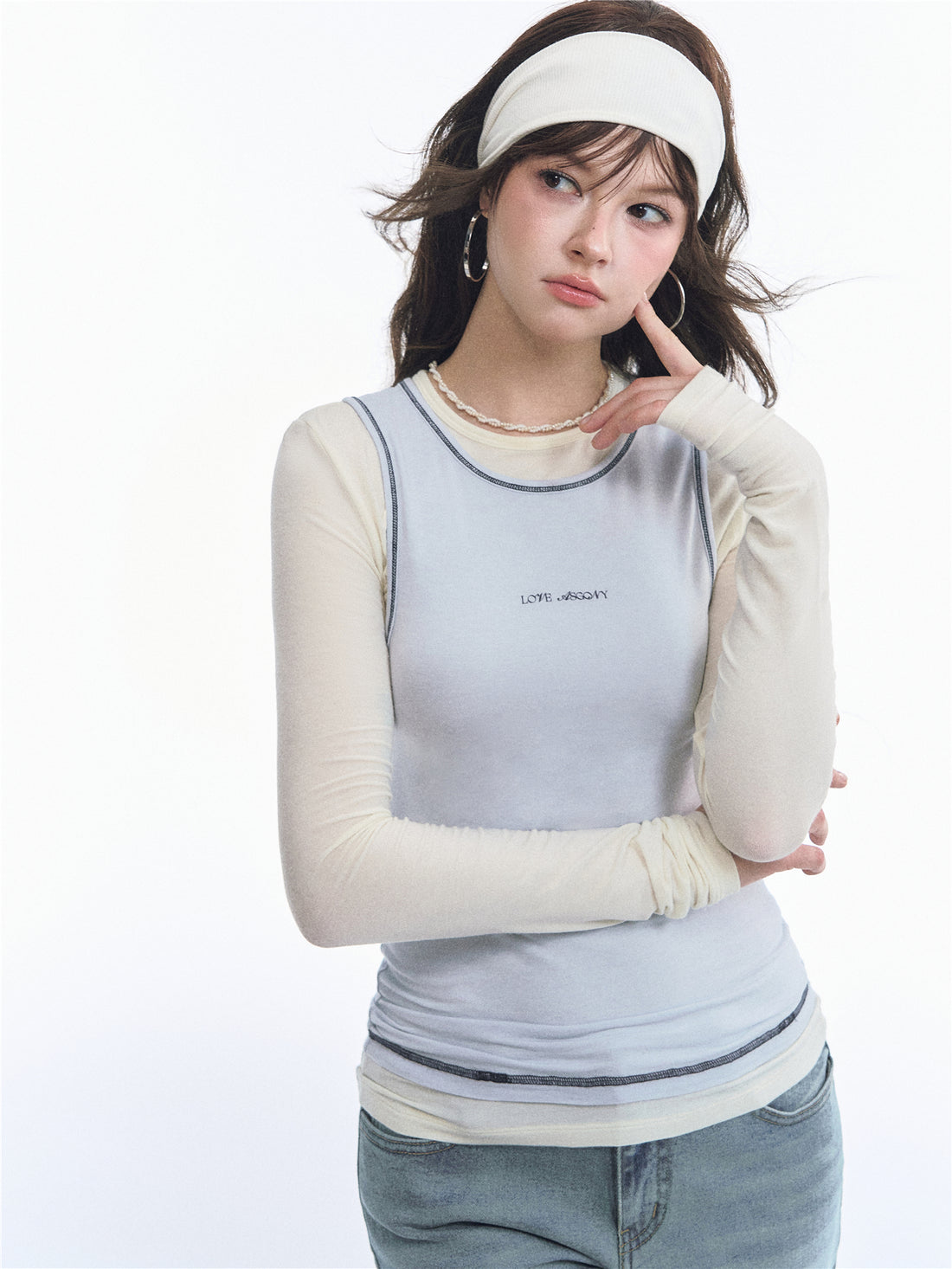 Asgony ASG26548 Wool Modal Contrast-Trim Two-Piece Base T-Shirt