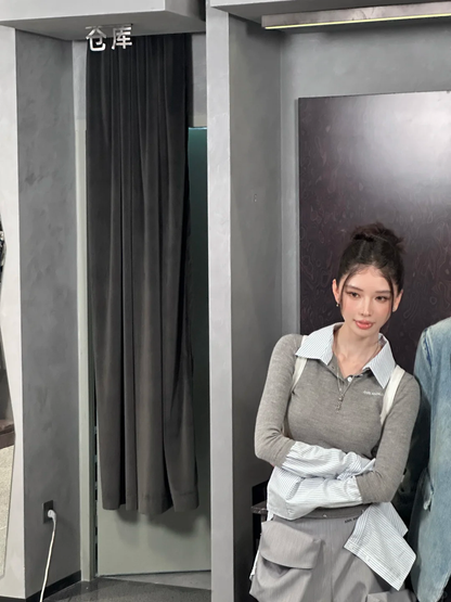 ANN ANDELMAN [Star Style] Splicing shirt fake two-piece pullover sweater