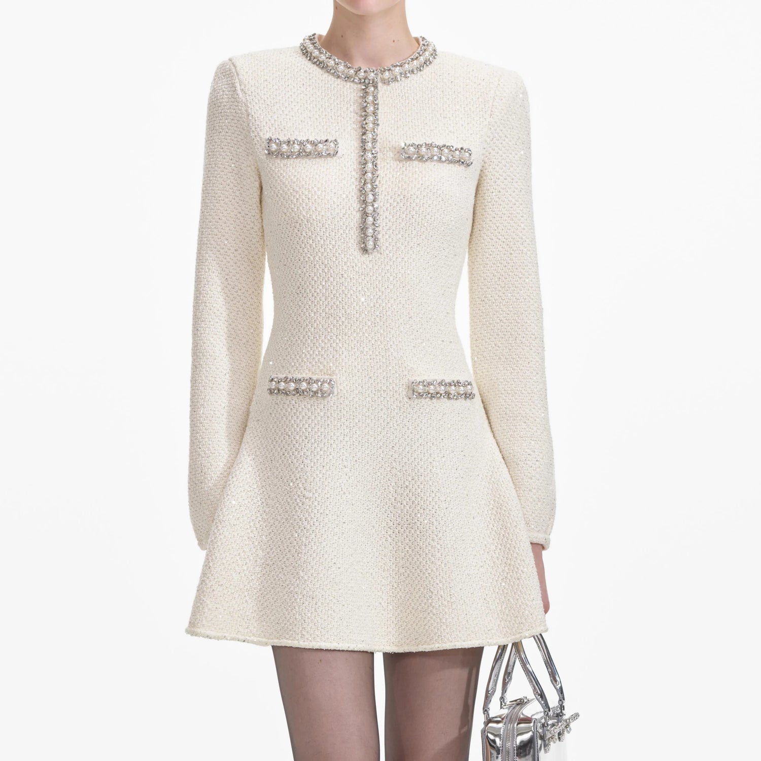 Self-Portrait CREAM TEXTURED KNIT EMBELLISHED MINI DRESS