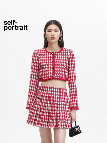 Self-Portrait RED HERRINGBONE EMBELLISHED JACKET