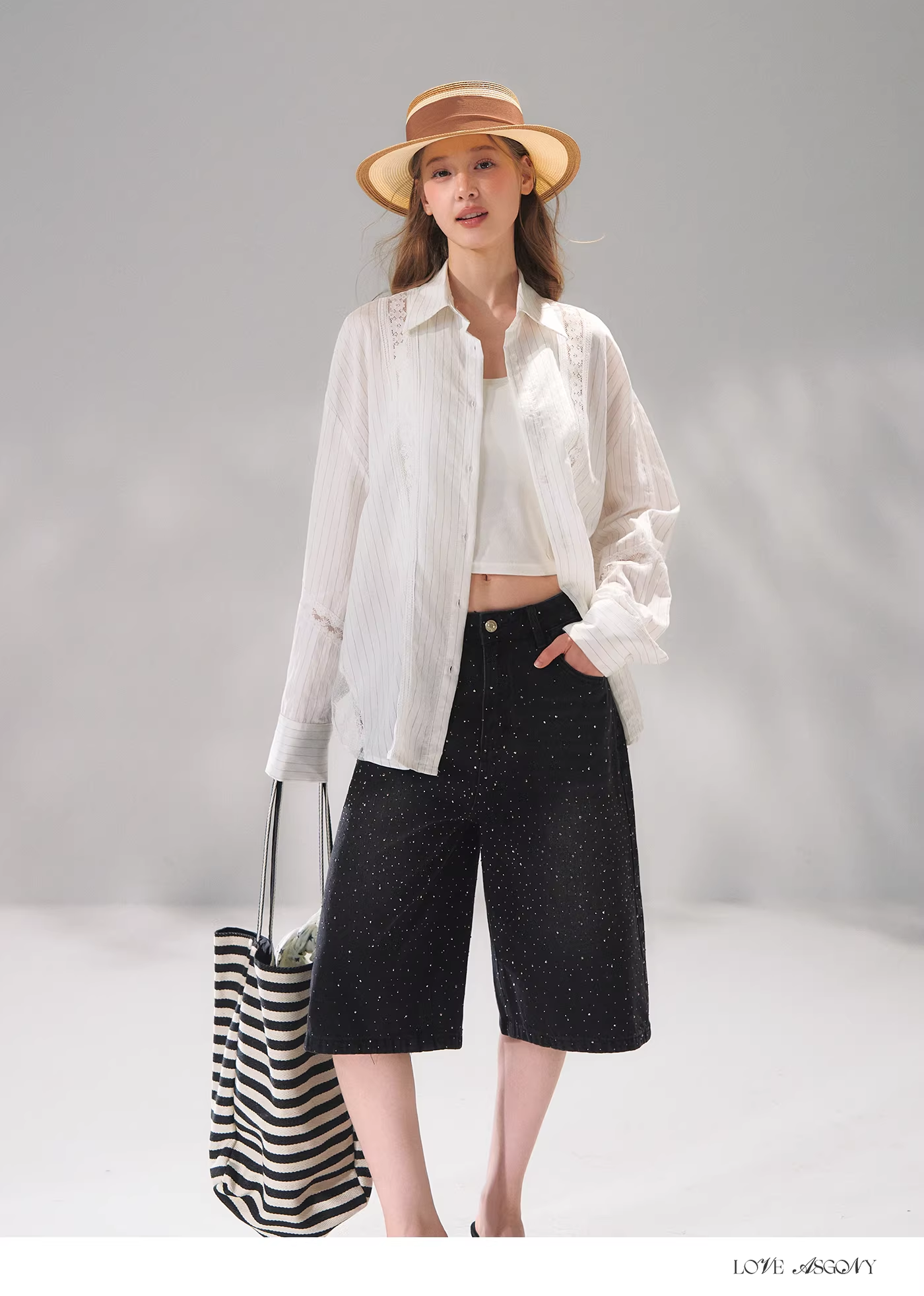 AsGony ASG26073 Striped lace patchwork embroidered shirt