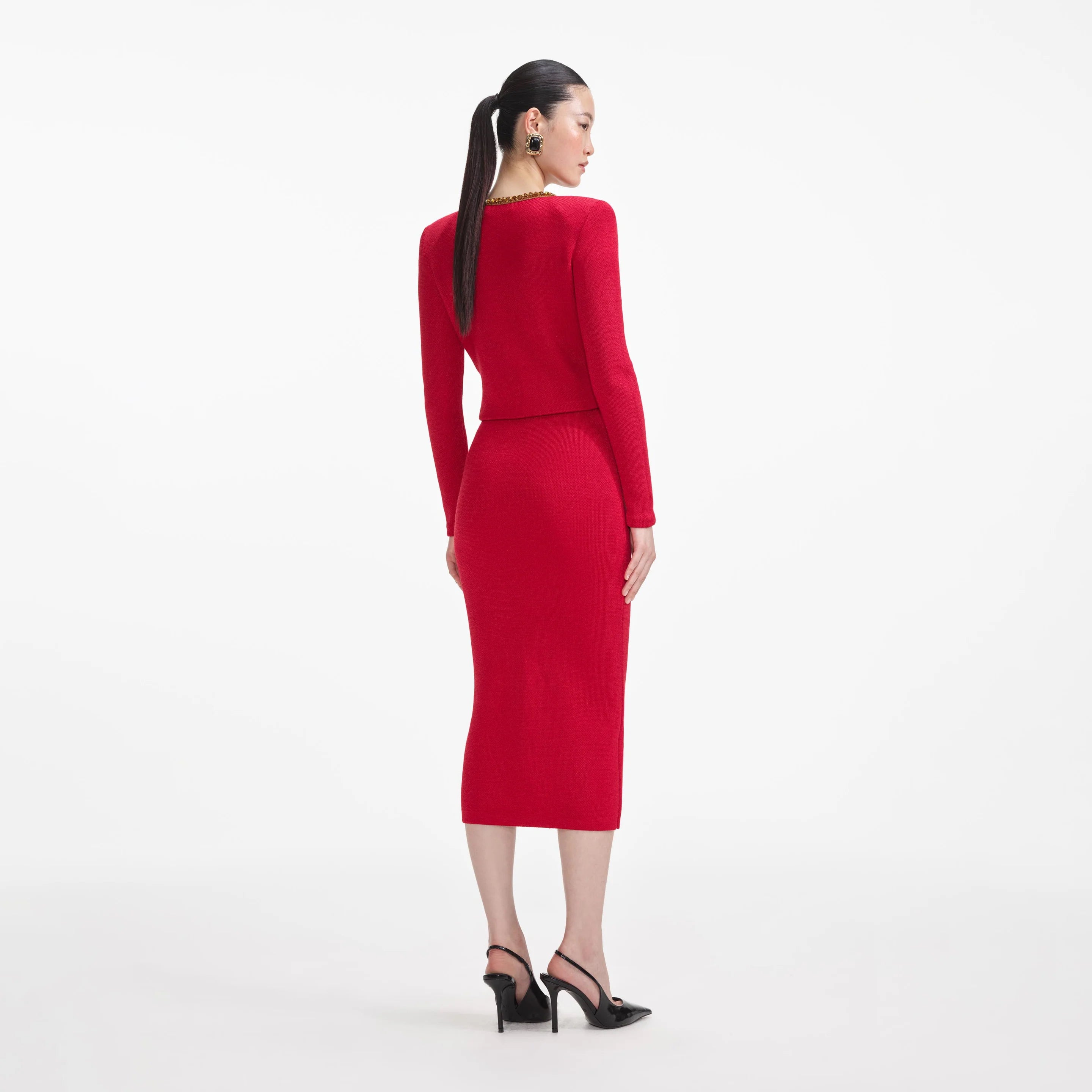 Self-Portrait RED TEXTURED KNIT CORSAGE MIDI SKIRT