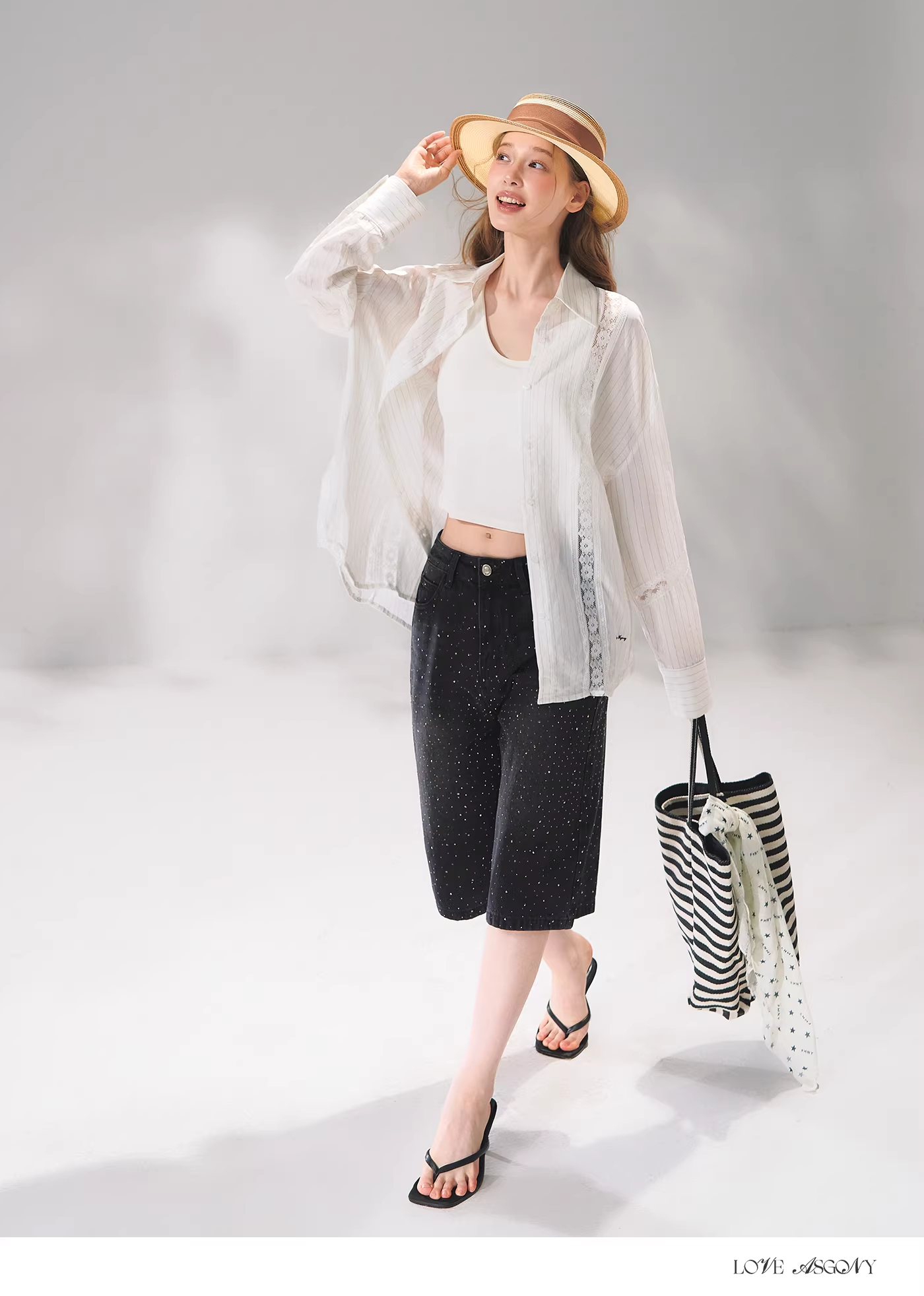 AsGony ASG26073 Striped lace patchwork embroidered shirt