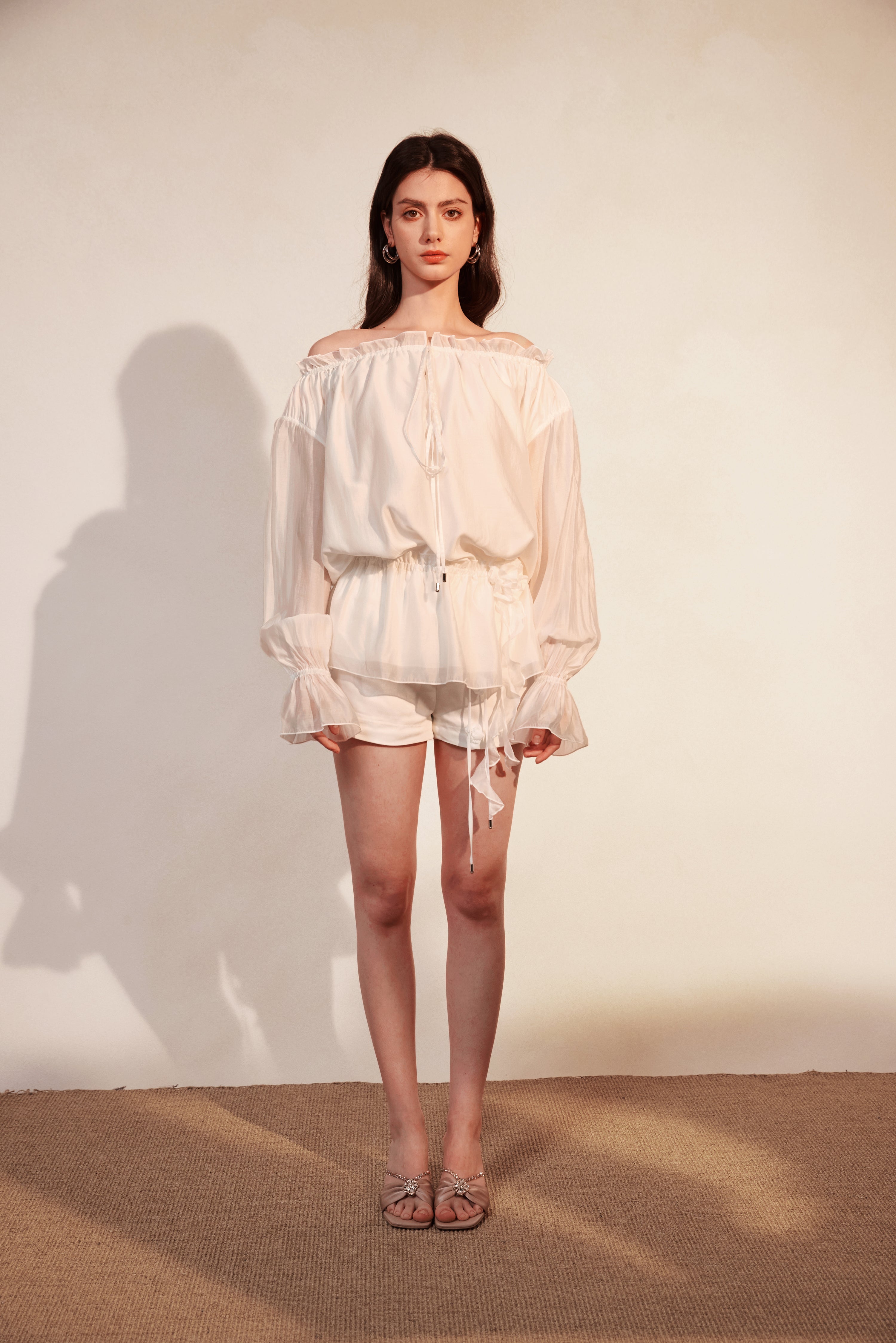 Kingwen White off shoulder shirt  + lace up shorts set (seperate)