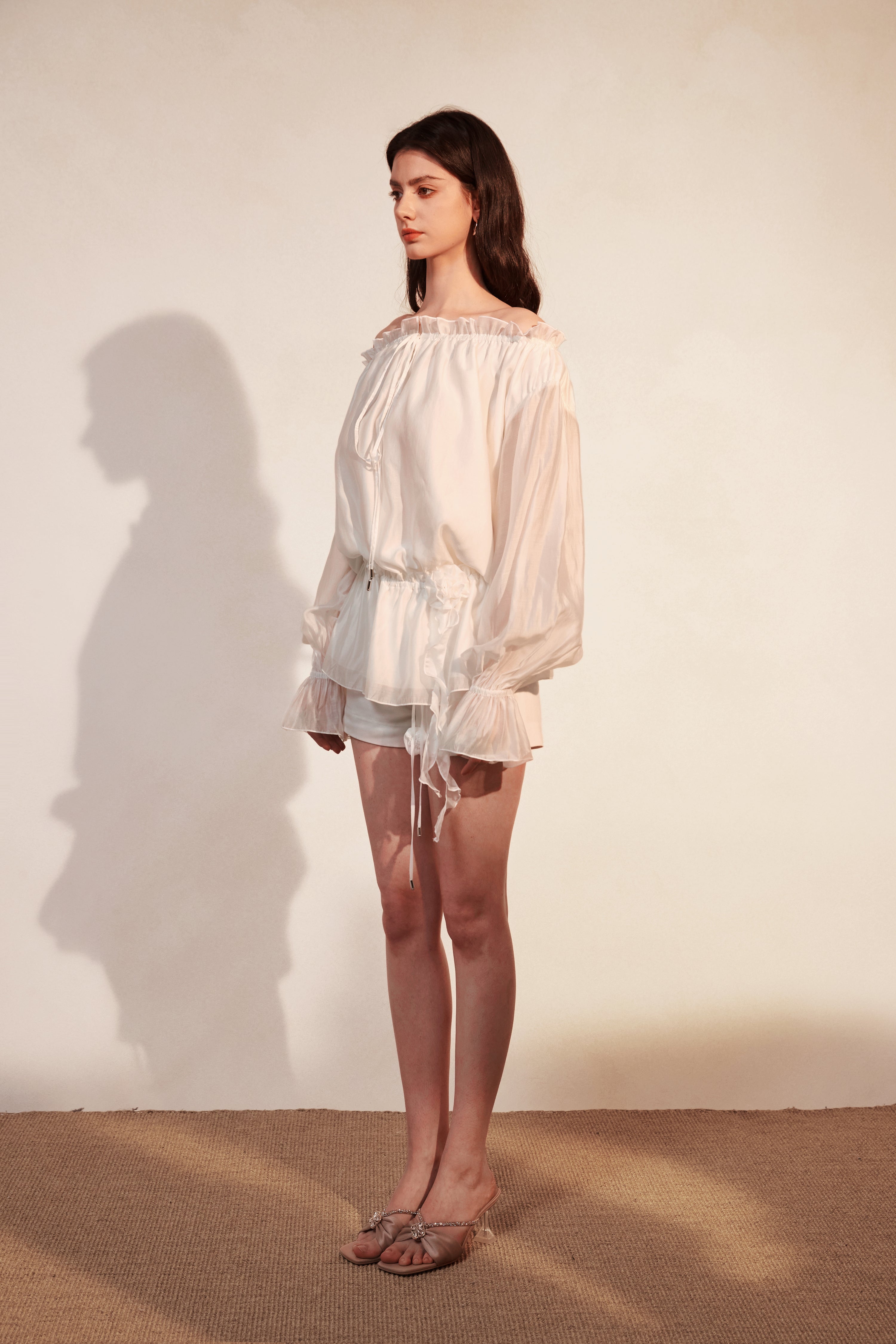 Kingwen White off shoulder shirt  + lace up shorts set (seperate)