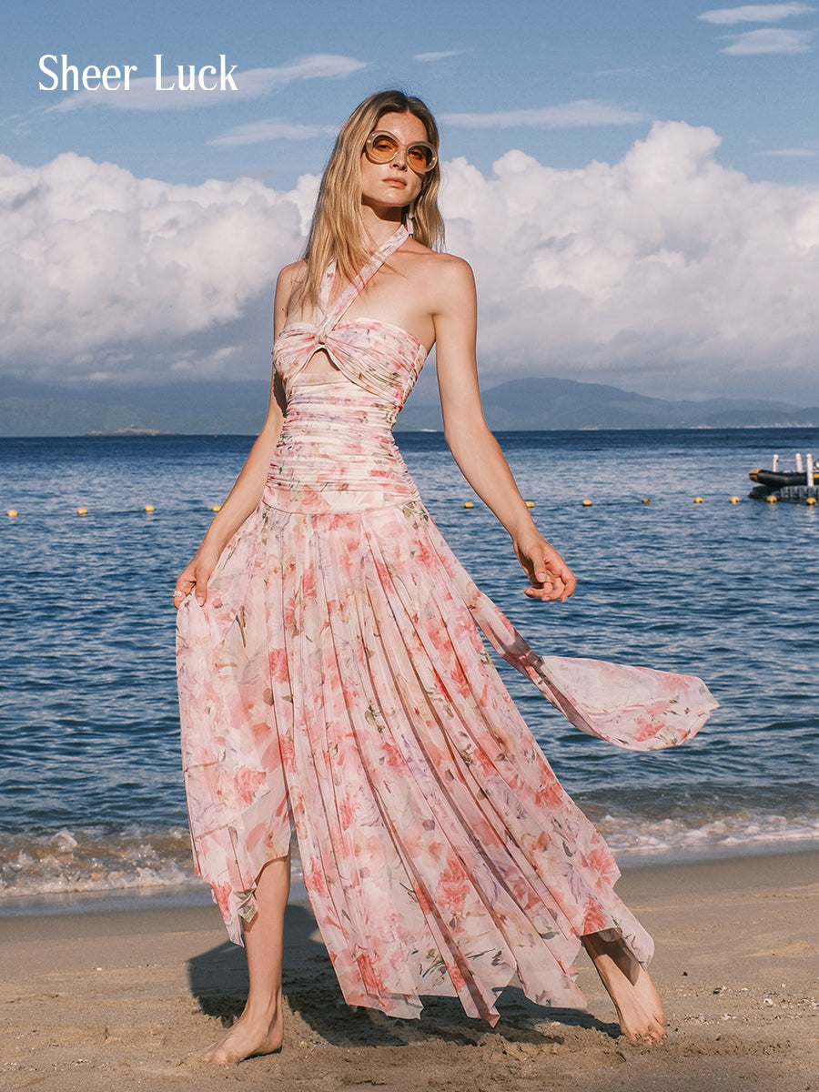 SHEERLUCK LYQ25601 Vacation style floral ribbon dress (2color)