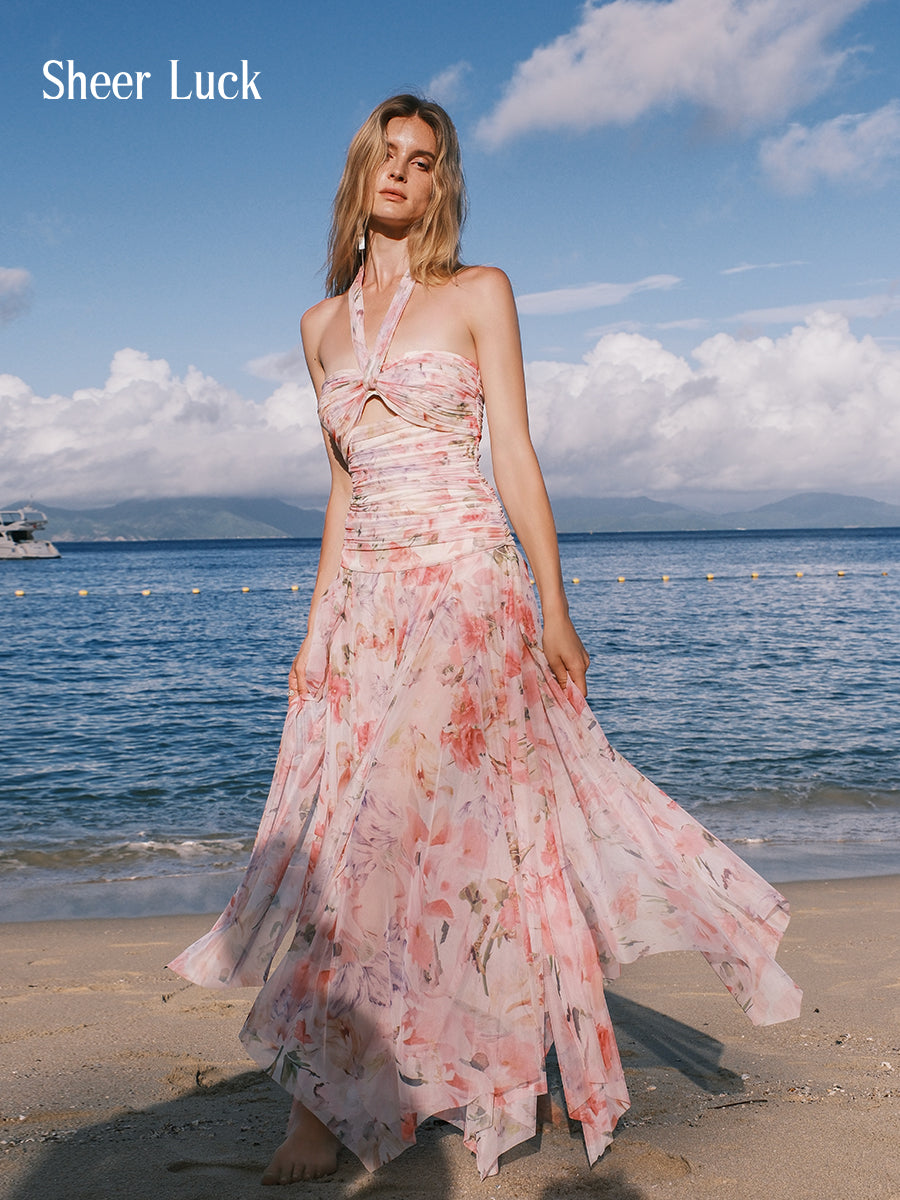 SHEERLUCK LYQ25601 Vacation style floral ribbon dress (2color)