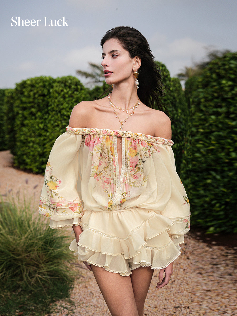 SHEERLUCK SLLYQ26409 Chiffon printed layered off shoulder jumpsuit