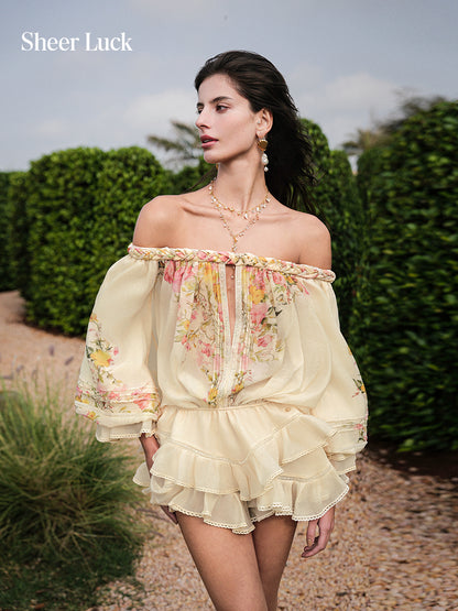 SHEERLUCK SLLYQ26409 Chiffon printed layered off shoulder jumpsuit