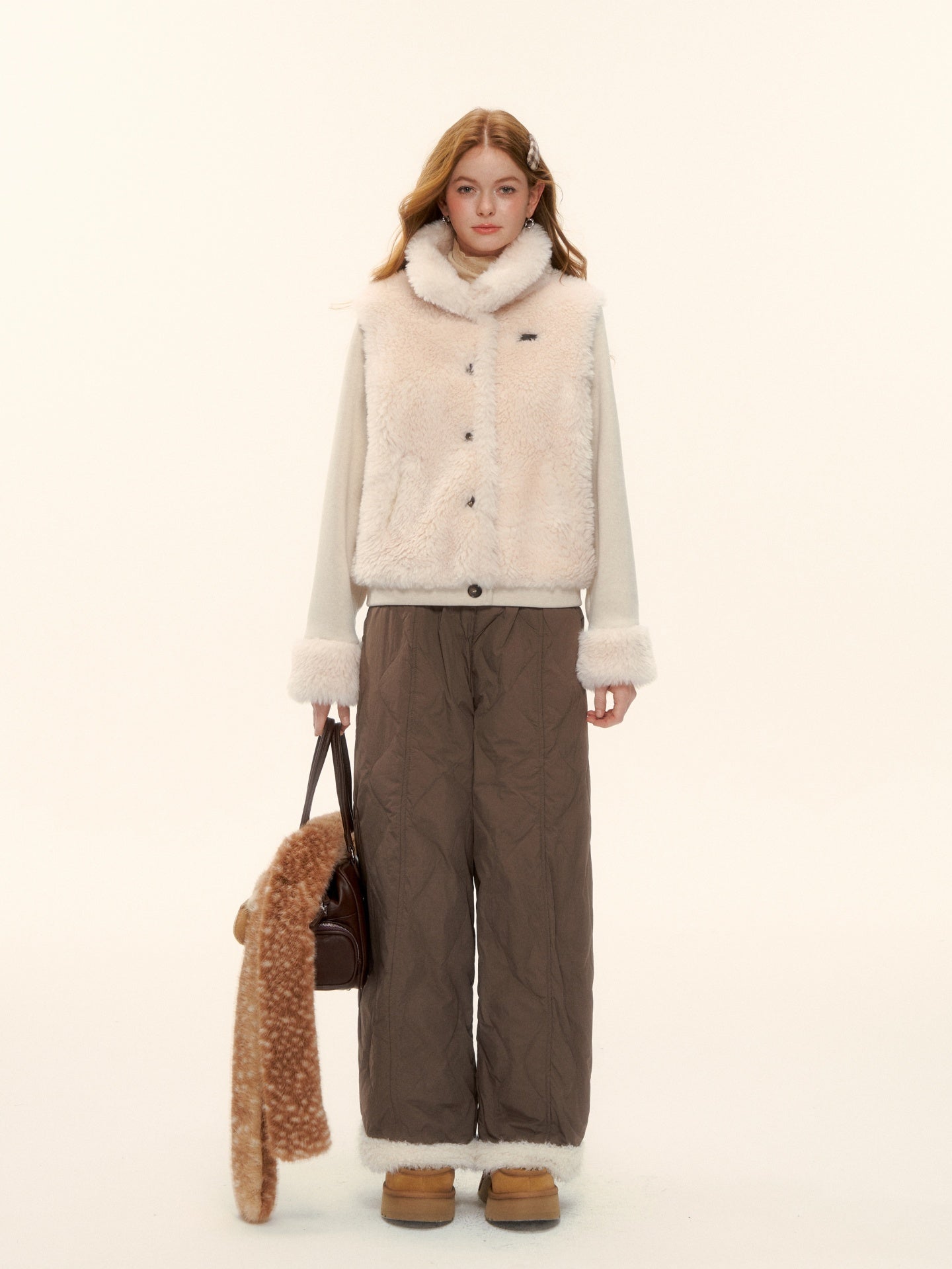 AsGony ASG25587 Environmentally friendly fur knitted stand up collar spliced jacket