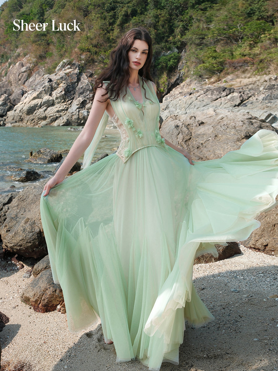 SHEERLUCK SLLYQ26107 Lace fishbone halter neck dress