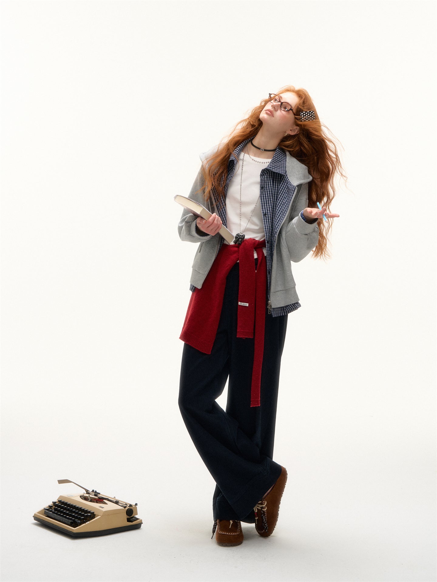AsGony ASG25398 Fake two piece checkered patchwork hooded zipper hoodie