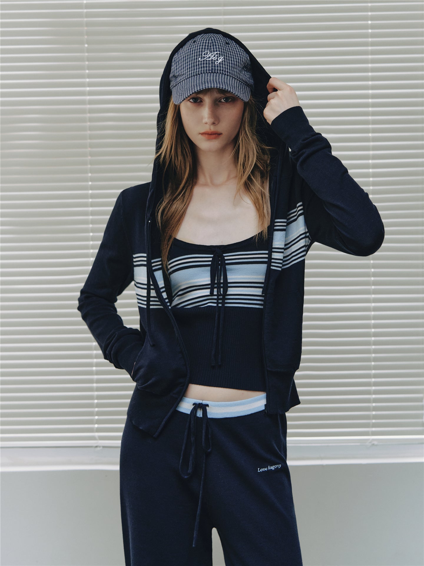 Asgony ASG26502 Contrast Stripe Knit Hooded Cardigan+ASG26503 Camisole+ ASG26504 Straight Pants
