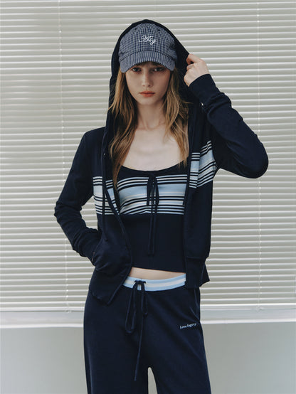 Asgony ASG26502 Contrast Stripe Knit Hooded Cardigan+ASG26503 Camisole+ ASG26504 Straight Pants