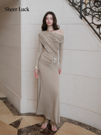 SHEERLUCK SLLYQ26709 Rosette Slim-Fit Asymmetric Off-Shoulder Dress-Sage Green