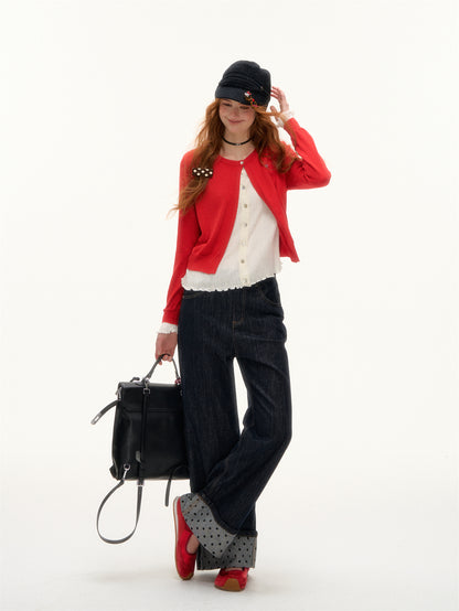 AsGony ASG25409 Color blocking fake two-piece spliced knitted cardigan