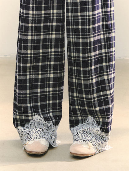 AsGony ASG25283 Plaid patchwork lace casual pants (2color)