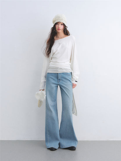 AsGony ASG26014 Slanted shoulder batfly sleeve striped strap hem top