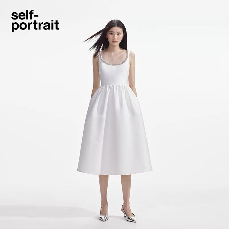 Self-Portrait WHITE TAFFETA DIAMANTE MIDI DRESS