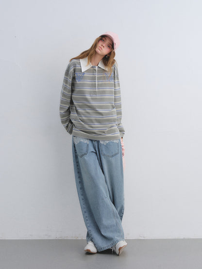 AsGony ASG25646 Collar patchwork striped embroidered long sleeved polo shirt