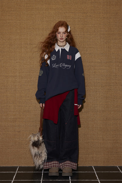 AsGony ASG25439 Color blocking shirt collar embroidered drawstring sweatshirt