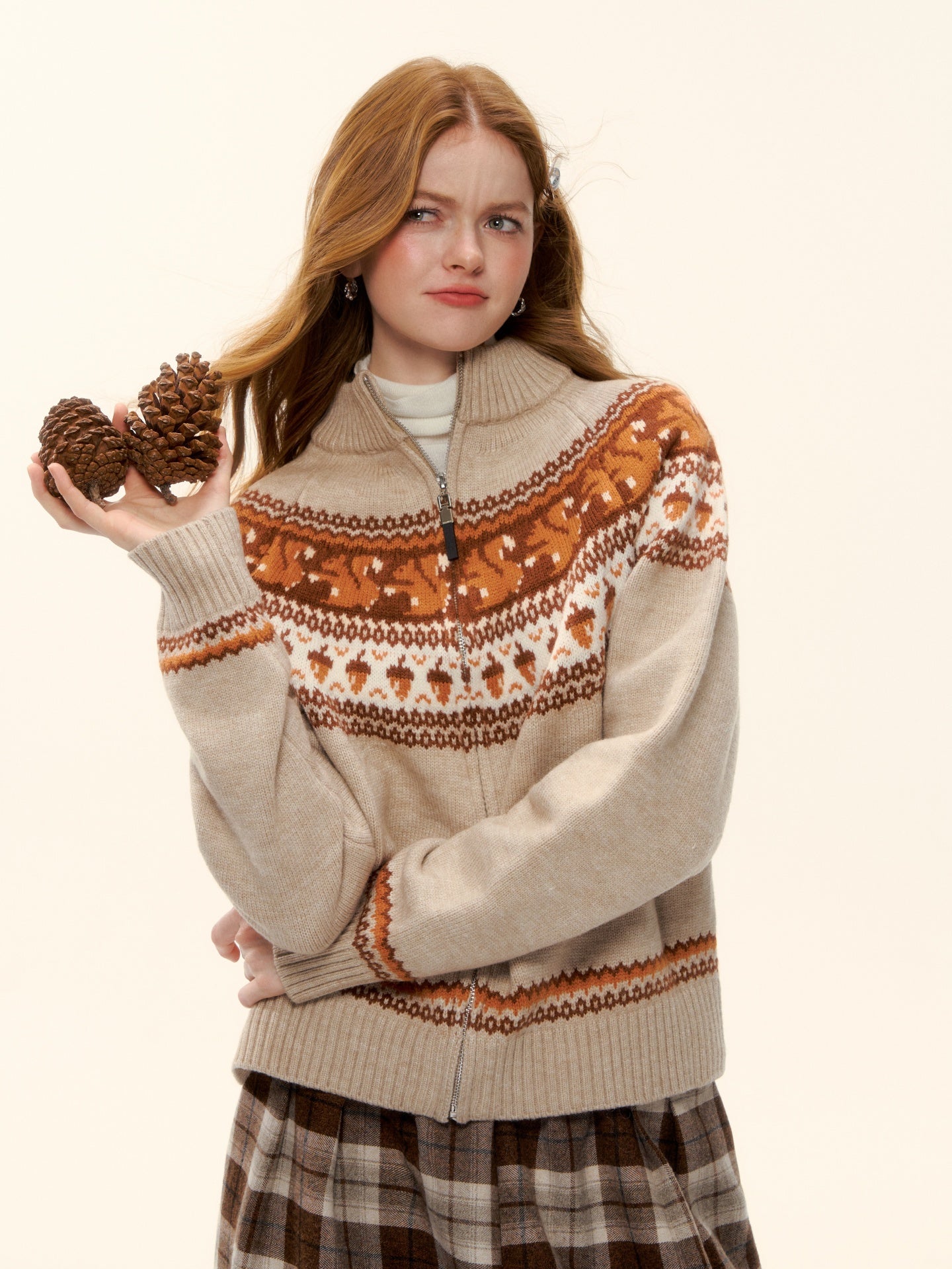 AsGony ASG25626 Wool Fel Island Jacquard Zipper Knitted Sweater Jacket