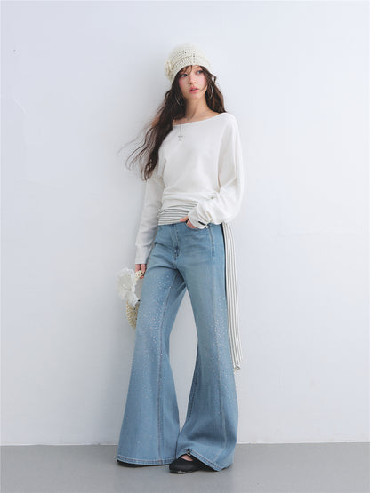 AsGony ASG26014 Slanted shoulder batfly sleeve striped strap hem top