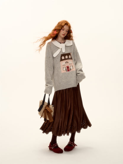 AsGony ASG25472 Jacquard embroidered round neck pullover sweater