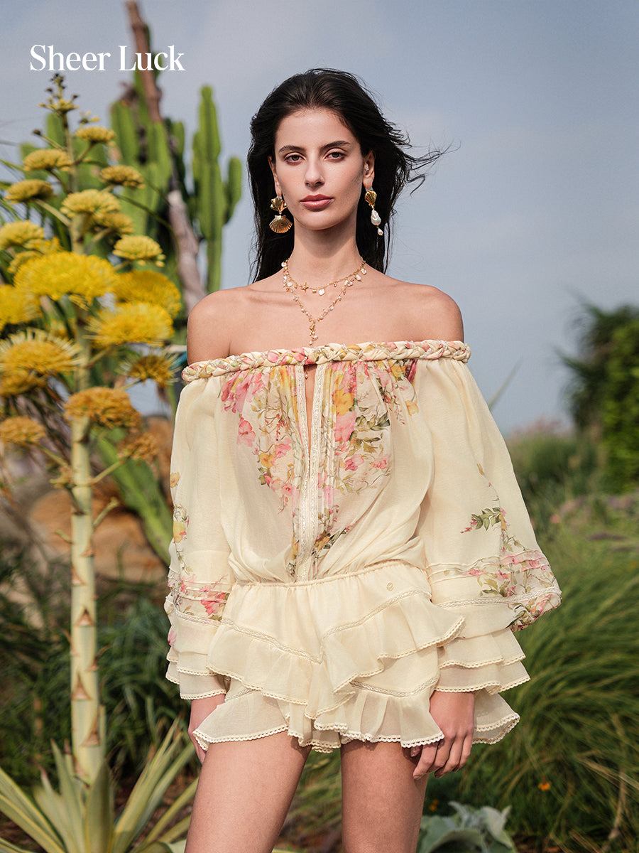 SHEERLUCK SLLYQ26409 Chiffon printed layered off shoulder jumpsuit