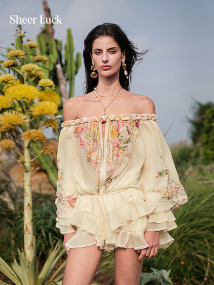 SHEERLUCK SLLYQ26409 Chiffon printed layered off shoulder jumpsuit