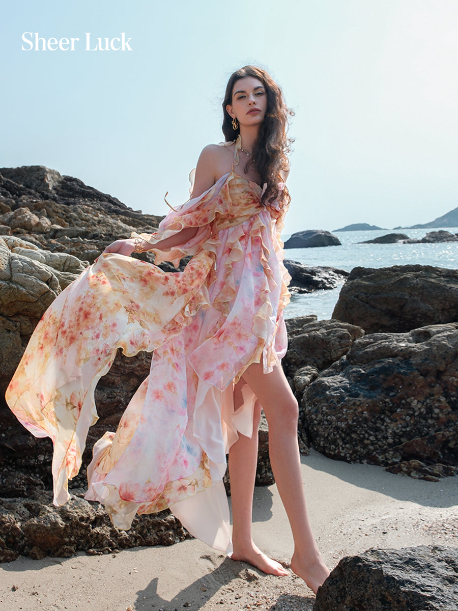 SHEERLUCK SLLYQ26106 Vacation style chiffon multi-level dress