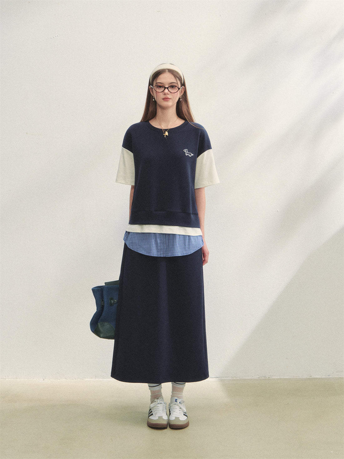 AsGony ASG25267 Plaid patchwork short sleeved top + skirt set (2color)