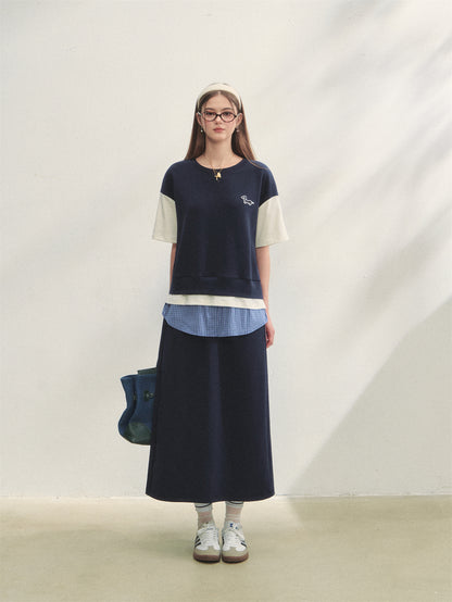 AsGony ASG25267 Plaid patchwork short sleeved top + skirt set (2color)