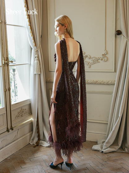 SHEERLUCK SLLYQ25502 Sparkling ostrich fur wavy collar ribbon dress