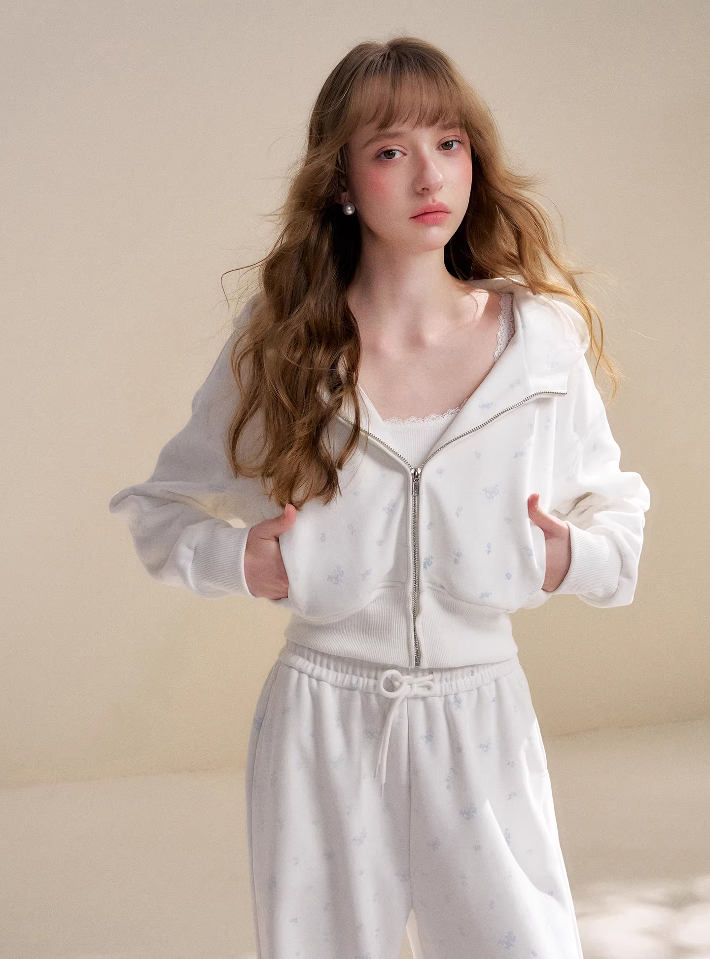 Kroche KZY4062&amp;KZY4063 Rose print zipper hoodie + pants