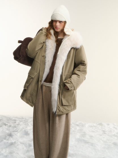 AsGony ASG25564 Detachable wool collar clip cotton Lyocell Parker jacket