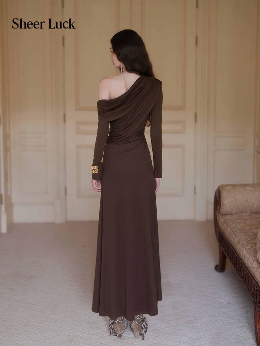 SHEERLUCK SLLYQ26709 Rosette Slim-Fit Asymmetric Off-Shoulder Dress-Mocha Brown