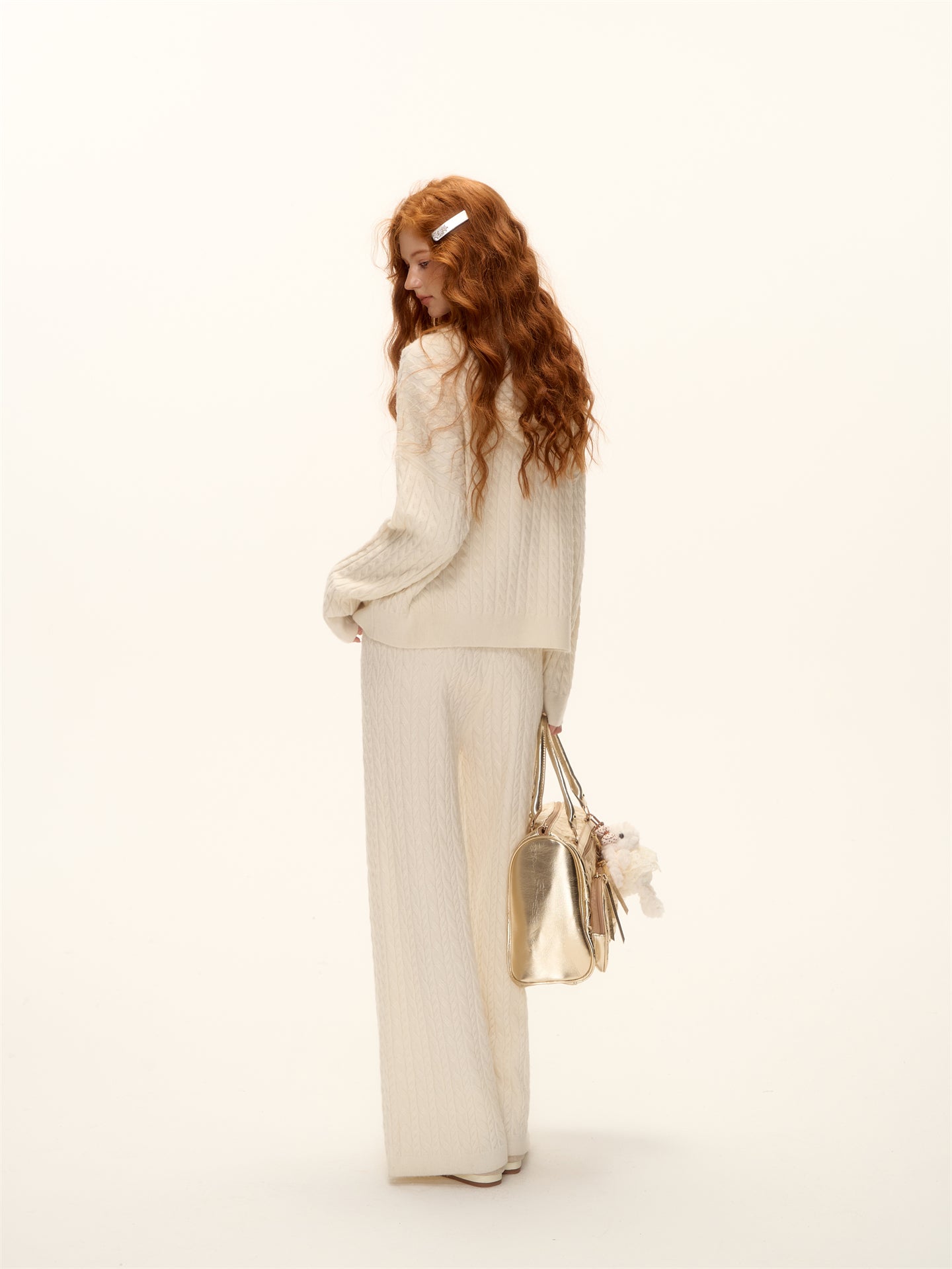 AsGony ASG25490&amp;ASG25521 Wool pullover hooded button twisted knit sweater + pants