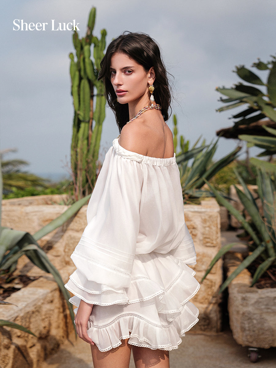 SHEERLUCK SLLYQ26409 Chiffon printed layered off shoulder jumpsuit