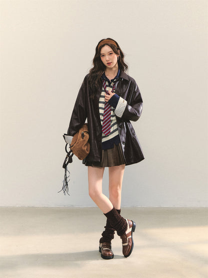 AsGony ASG25334 Cuff plaid patchwork leather jacket