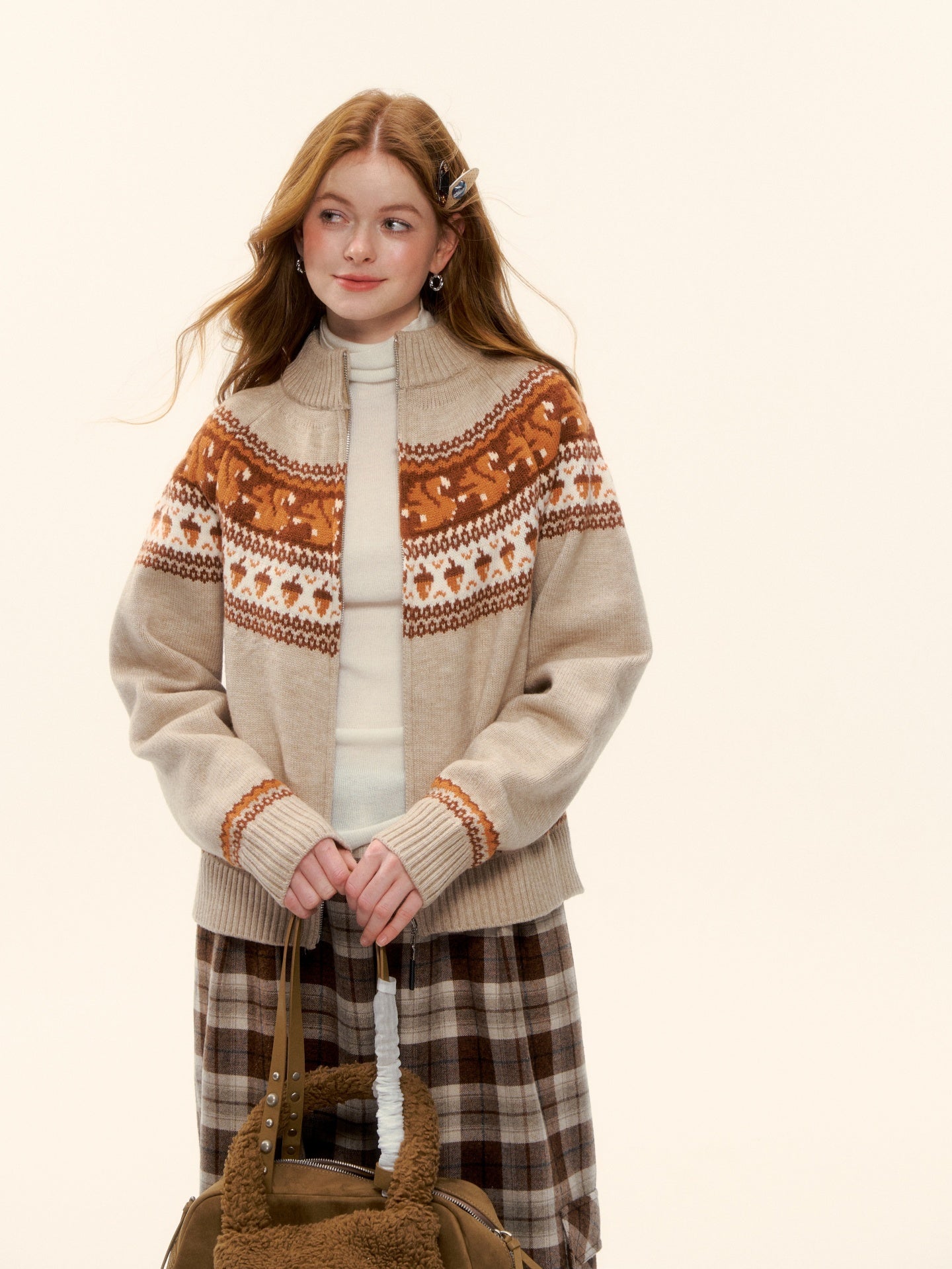 AsGony ASG25626 Wool Fel Island Jacquard Zipper Knitted Sweater Jacket