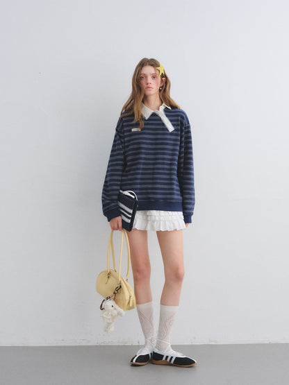 AsGony ASG25658 Slanted placket lace collar striped patchwork hoodie