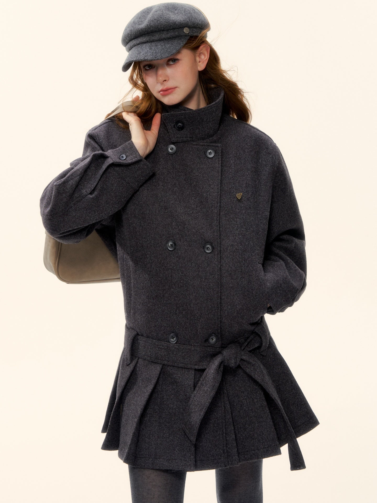 AsGony ASG25611 90 white duck down pleated edge woolen jacket