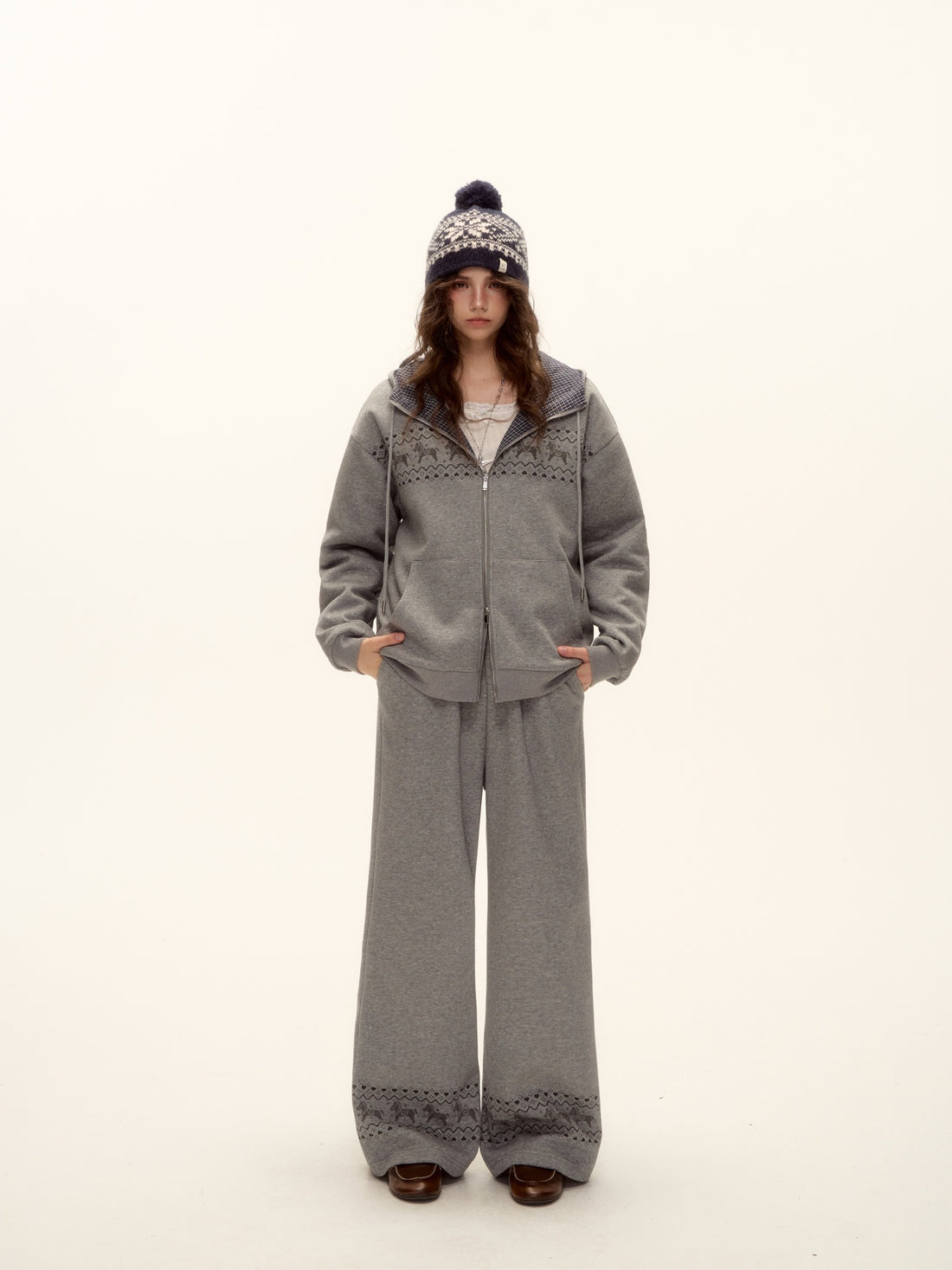 AsGony ASG25498&amp;ASG25499 Fel Island printed hooded jacket + pants set